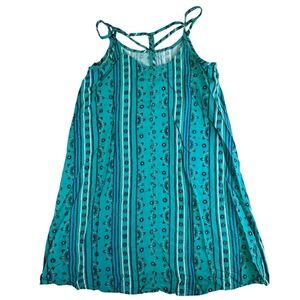 SO Heritage Dress Women's Small Teal Boho Geometric Stripe Strappy Back Mini